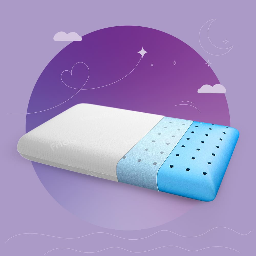 Memory foam pillow on a purple background with whimsical cloud and star illustrations.