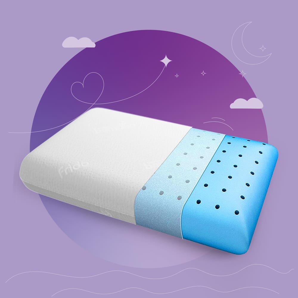 Memory foam pillow on a purple background with whimsical cloud and star illustrations.
