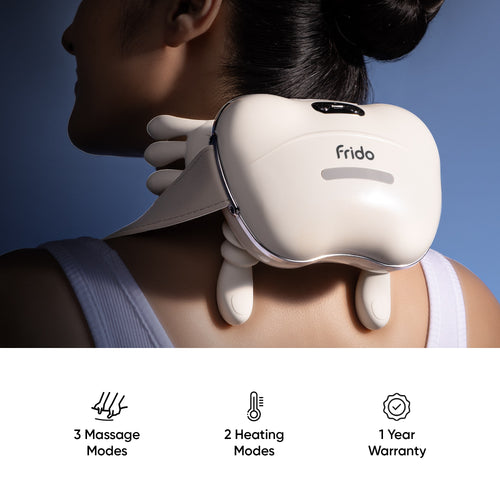 Person using a Frido neck and shoulder massager with product features displayed below.