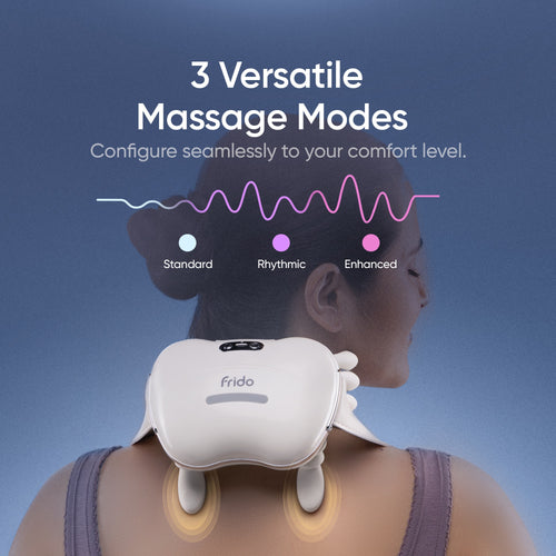 Person using a white massage device on their neck with '3 Versatile Massage Modes' text above.