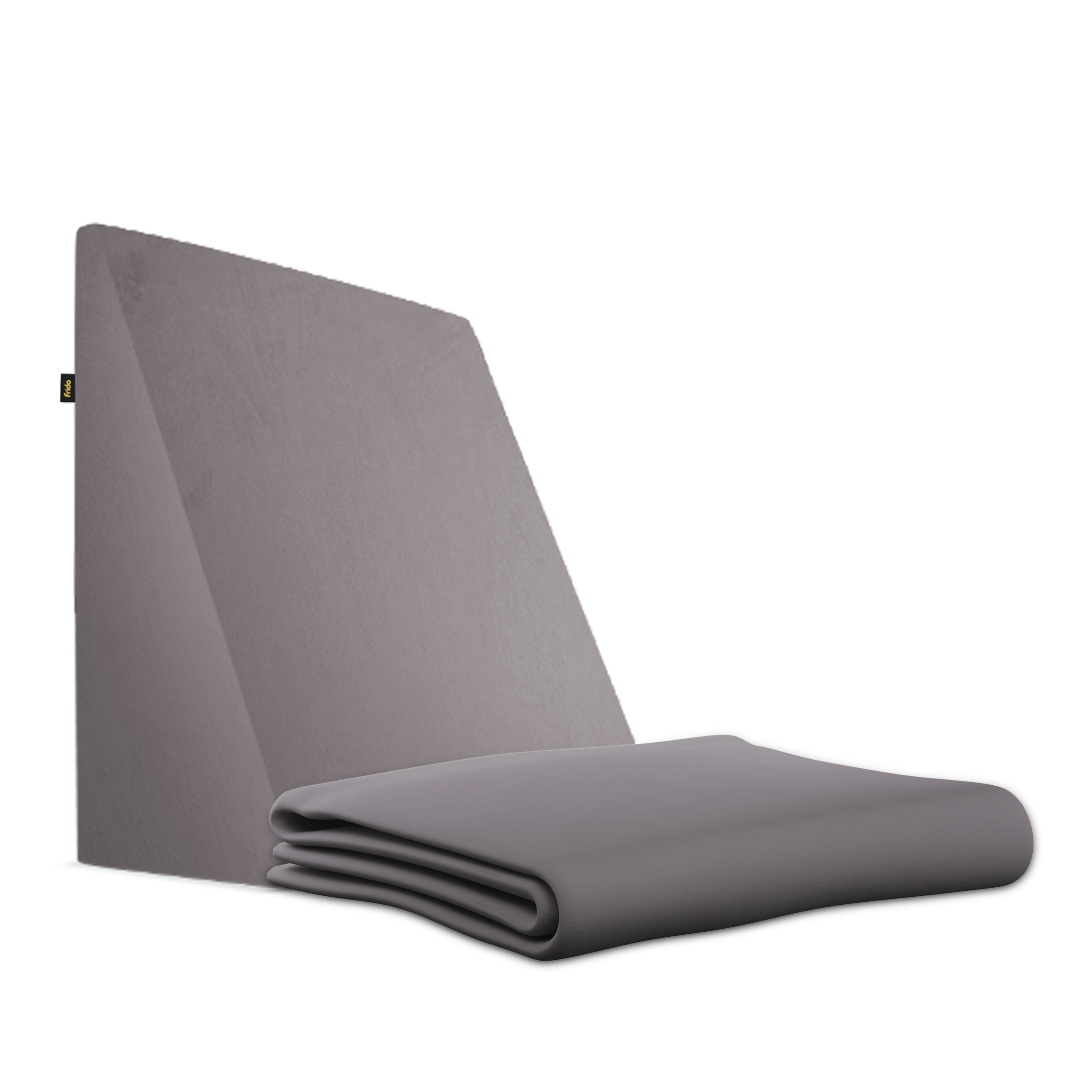 Gray wedge pillow with soft cover on a white background.